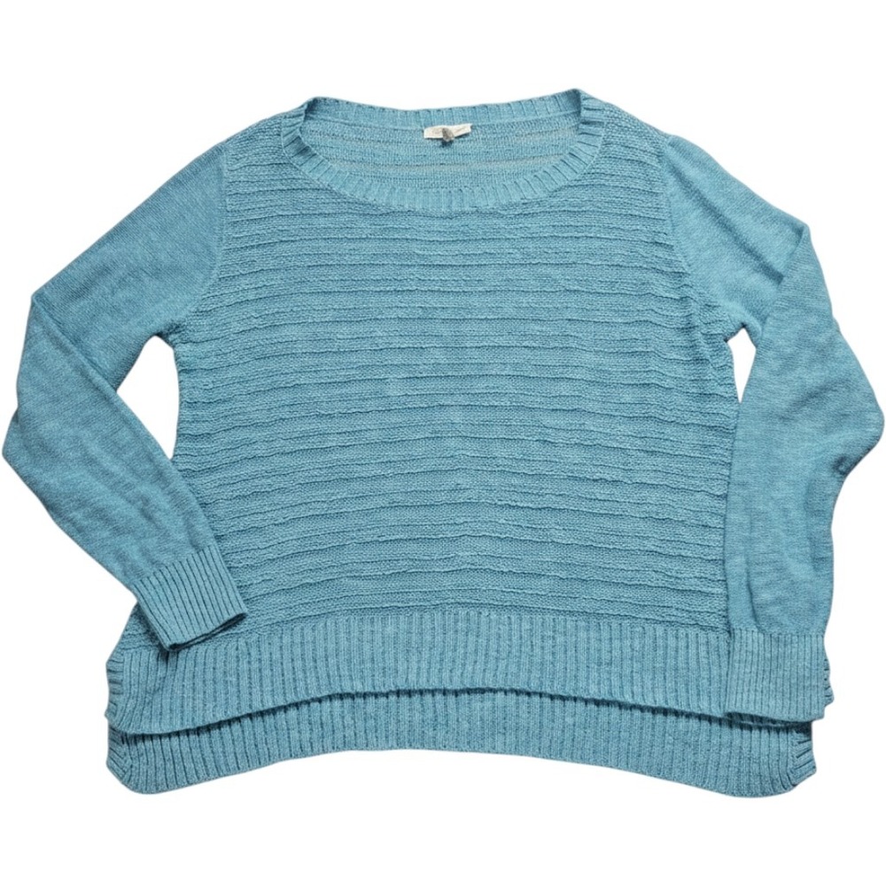 Eileen Fisher Blue Linen Cotton Blend Textured Knit Sweater Size Medium
